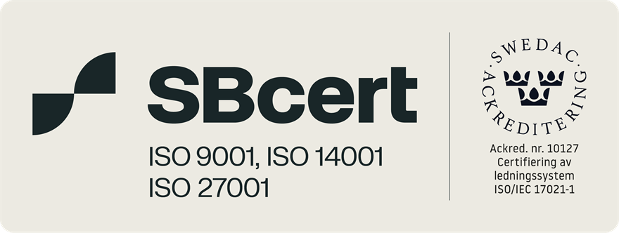 SBcert: certifierat enligt ISO 9001, ISO 14001 och ISO 27001. Swedac-ackrediterad certifiering, ackred. nr. 10127.