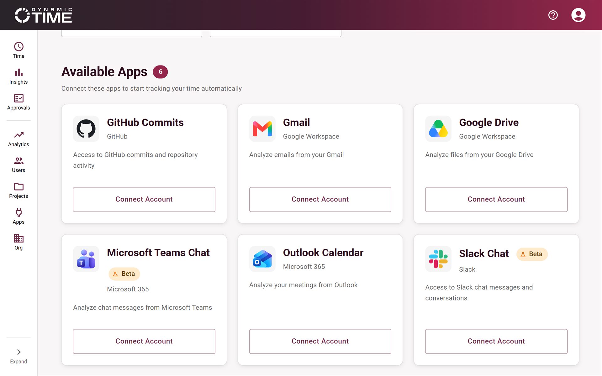 Sidan Apps i DynamicTime med Outlook, Teams, Gmail, Google Drive, GitHub och Slack